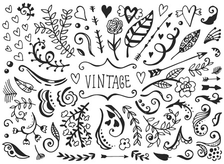 Set of vintage sketch elements. Vector decoration collection. Hand drawn flowers and leaves, arrows and page decor.のイラスト素材