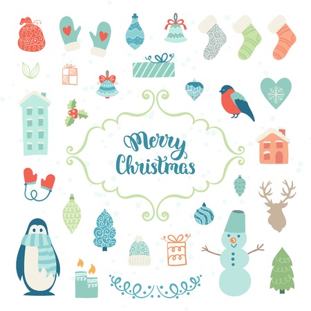 Christmas decoration collection. Vector illustration, isolated decorative elements. Merry Christmas lettering.のイラスト素材