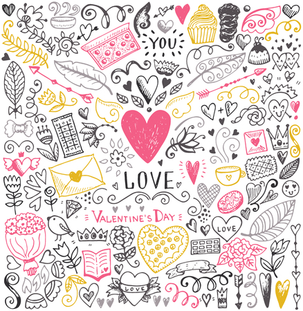 Valentines day sketch pattern. Romantic vector elements. Illustration with hearts and flowers.のイラスト素材