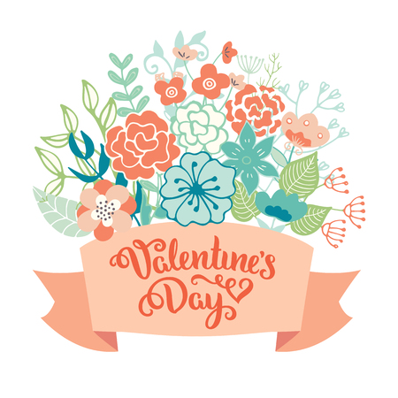 Happy Valentines Day card. Romantic vector background with flowers and leaves. Romantic illustration.のイラスト素材