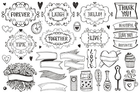 Set of vintage sketch elements. Vector decoration collection. Hand drawn elements set.のイラスト素材