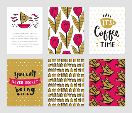 Grunge cards collection. Vector vintage cards set with illustrations and lettering. Hand drawn style.のイラスト素材