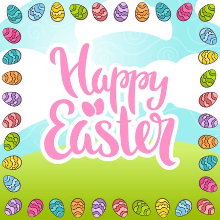 Happy Easter phrase vector lettering. Typography poster on nature background with eggs.のイラスト素材