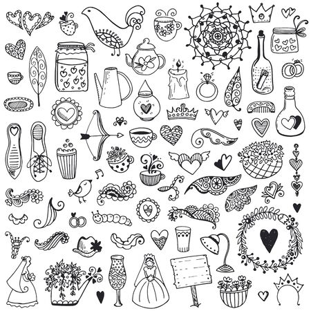 Wedding vintage elements big collection. Romantic hand drawn floral set with different elements. Romantic vector elements for card.のイラスト素材