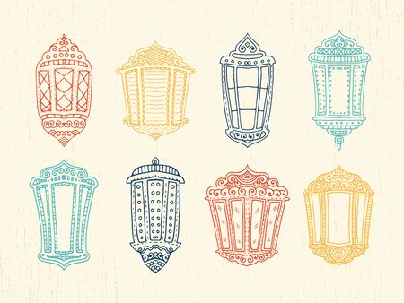 Ramadan Kareem theme. Vector card with flashlights. Hand drawn illustration with lamps.のイラスト素材