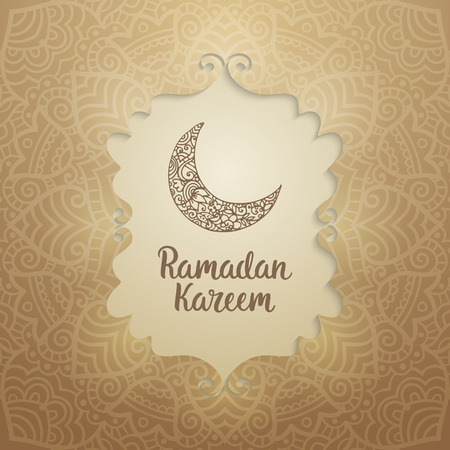Ramadan Kareem theme. Vector card with moon and lettering. Hand drawn illustration with crescent.のイラスト素材