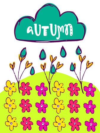 Funny hand drawn card. Vector colorful doodle poster in autumn style. Design for scrap booking.のイラスト素材