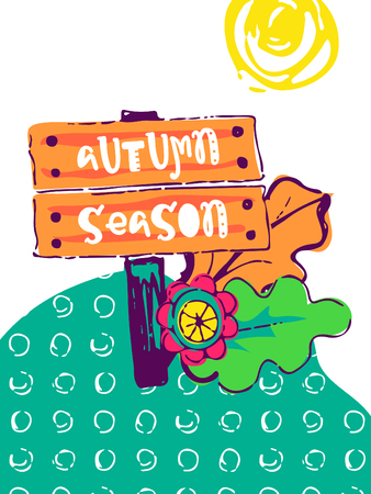 Funny hand drawn card. Vector colorful doodle poster in autumn style. Design for scrap booking.のイラスト素材