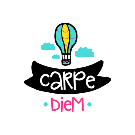 Vector poster with phrase, air balloon and decor elements. Typography card, color image. Carpe diem. Design for t-shirt and prints.のイラスト素材