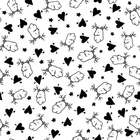 Doodles cute romantic seamless pattern. Black vector background. Illustration with deer, hearts and stars. Design for T-shirt, textile and prints.のイラスト素材