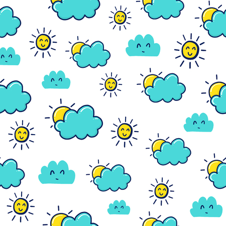 Doodles cute seamless pattern. Color vector background. Illustration with sun and cloud. Design for T-shirt, textile and prints.のイラスト素材