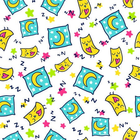 Doodles cute seamless pattern. Color vector background. Illustration with owls and pillows. Design for T-shirt, textile and prints.のイラスト素材