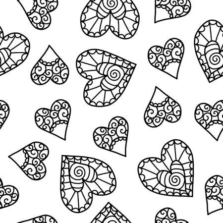 Doodles cute seamless pattern. Monochrome background. Illustration with hearts. Design for t-shirt, textile and prints. Valentine s day theme.のイラスト素材