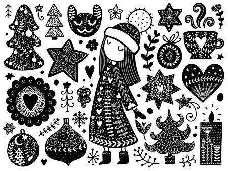 Doodles Christmas elements. Color vector items. Illustration with new year decor. Scandinavian Design for prints and cards.のイラスト素材