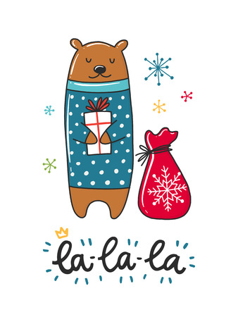 Vector poster with phrase, Santa and decor elements. Typography card, color image. Merry Christmas. Design for t-shirt and prints.のイラスト素材