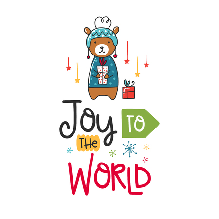Vector Christmas poster with phrase, bear and decor elements. Typography card, color image. Joy to the world. Design for t-shirt and prints.のイラスト素材