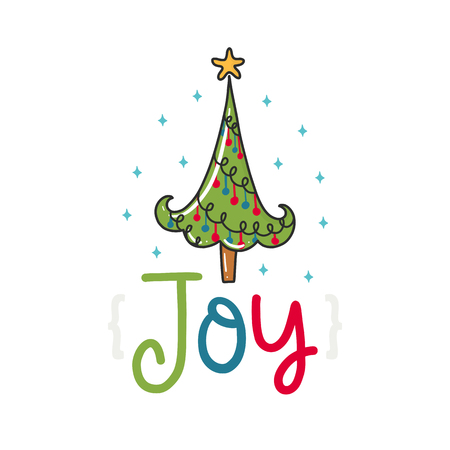 A Vector Christmas poster with phrase, tree and decor elements. Typography card, color image. Joy. Design for t-shirt and prints.のイラスト素材