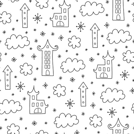 Doodles Christmas repeated pattern in black and white background, Christmas theme, Illustration with house and cloud,  Design for T-shirt, textile and prints.のイラスト素材