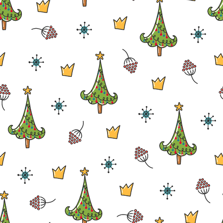 Doodles Christmas seamless pattern. Color vector background, new year theme. Illustration with tree and crown. Design for T-shirt, textile and prints.のイラスト素材