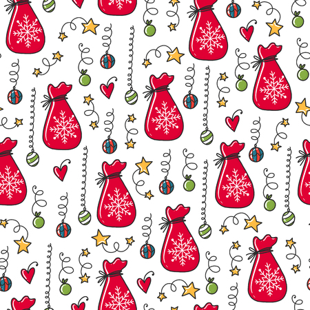 Doodles Christmas seamless pattern. Color vector background, new year theme. Illustration with bag and ball. Design for T-shirt, textile and prints.のイラスト素材