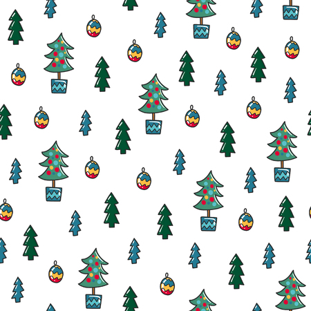 Doodles Christmas seamless pattern. Color vector background, new year theme. Illustration with ball and tree. Design for T-shirt, textile and prints.のイラスト素材