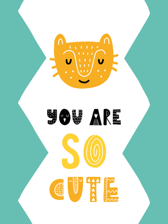 Colorful childish vector card. Lettering with illustration in Scandinavian style. Creative poster with cat and phrase.のイラスト素材