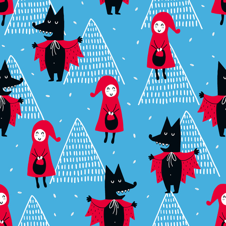 Fairytale cute seamless pattern. Color vector background. Illustration with girl and wolf. Design for T-shirt, textile and prints.のイラスト素材
