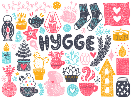 Scandinavian Doodles elements. Color vector items. Illustration with new year decor. Design for prints and cards. Translation - cozy.のイラスト素材