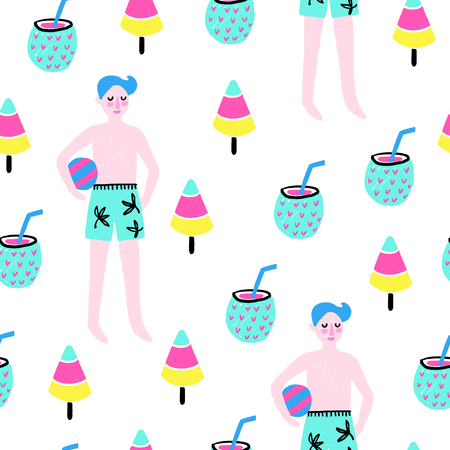 Hand drawn summer seamless pattern vector colorful background with different elements. Design for prints, shirts and posters.のイラスト素材