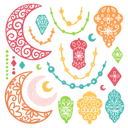 Ramadan Kareem theme. Vector card with flashlights and moon. Hand drawn illustration with lamps and crescent.のイラスト素材