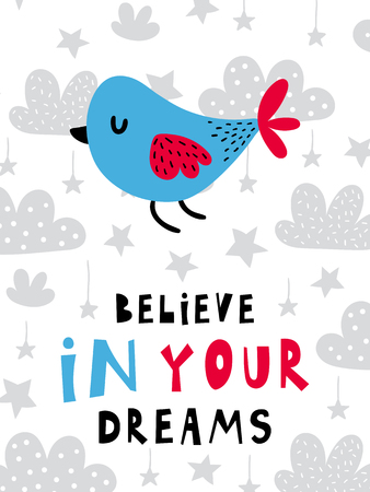 Vector poster with phrase, girl and decor elements. Typography card, color image. Fairytale theme. Design for t-shirt and prints.のイラスト素材