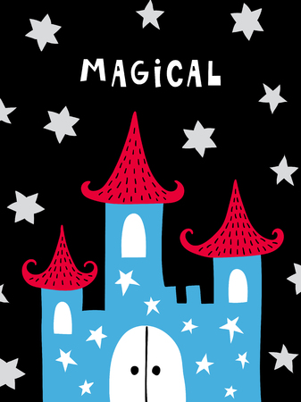 Vector poster with phrase, girl and decor elements. Typography card, color image. Fairytale theme. Design for t-shirt and prints.のイラスト素材