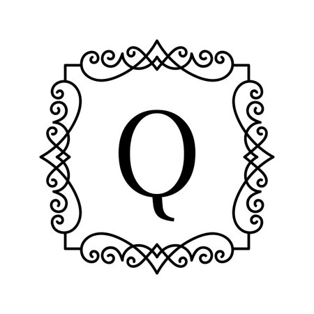 Vintage frame with letter. Vector illustration. Decorative ornament with curves.  Monogram logo template.のイラスト素材