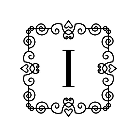 Vintage frame with letter. Vector illustration with decorative ornament and curves.  Monogram logo template.のイラスト素材
