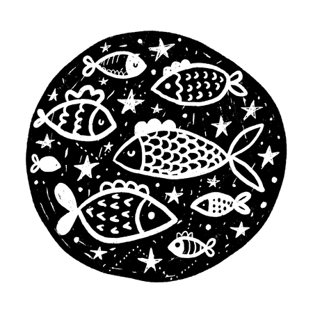 Hand drawn circle with stars. Black vector illustration. Image with fish. Design for t-shirt, prints and cards.のイラスト素材