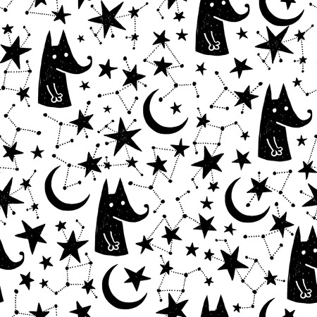 Seamless hand drawn pattern. Vector background with fox and stars. Space and astronomy theme. Design for prints, shirts and posters.のイラスト素材