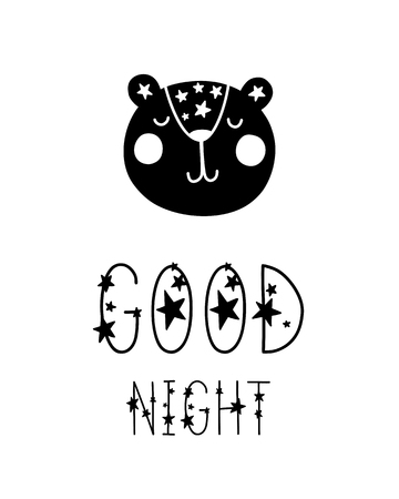 Monochrome childish vector card. Lettering with illustration in Scandinavian style. Creative poster with phrase, bear and stars. Good night.のイラスト素材