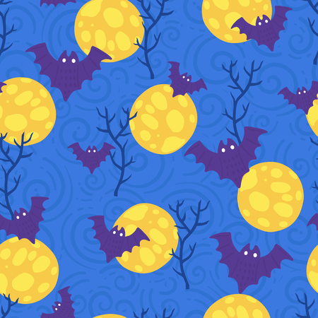 Seamless halloween pattern. Vector background with moon bat. Design for prints, shirts and posters.のイラスト素材