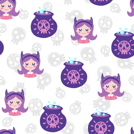 Seamless halloween pattern. Vector background with girl and cauldron. Design for prints, shirts and posters.のイラスト素材