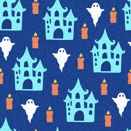 Seamless halloween pattern. Vector background with castle and ghost. Design for prints, shirts and posters.のイラスト素材