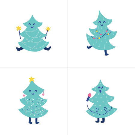 Doodles different Christmas trees. Color vector items. Illustration with new year decor. Design for prints and cards.のイラスト素材
