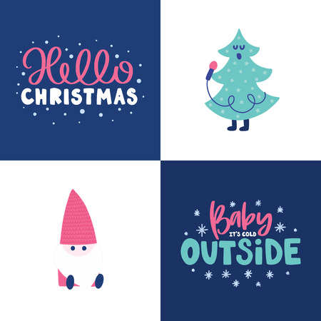 Colorful Christmas vector card. Lettering with illustration in cute childish style. Creative poster with phrases, santa and tree. Good for kids.のイラスト素材