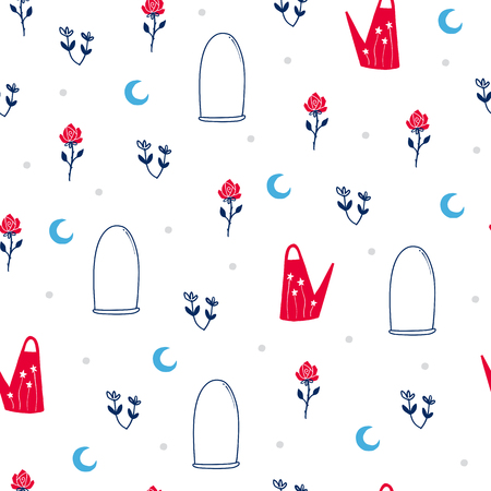 Fairytale cute seamless pattern. Color vector background with watering pot and rose. Illustration. Design for T-shirt, textile and prints.のイラスト素材