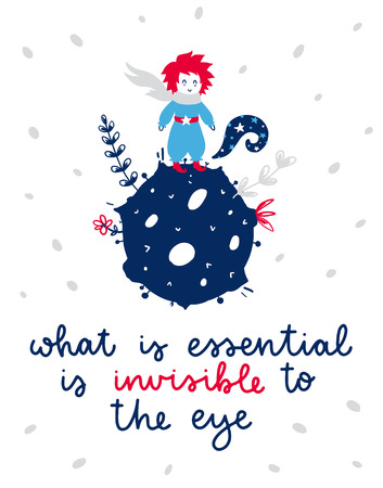 Vector poster with phrase, boy and planet. Typography card, color image. Fairytale theme. Design for t-shirt and prints.のイラスト素材