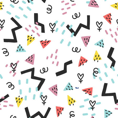 Seamless doodle summer pattern. Vector background with triangles and different elements. Design for prints, shirts and posters.のイラスト素材
