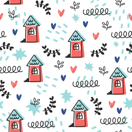 Seamless doodle summer pattern. Vector background with house, leaves and different elements. Design for prints, shirts and posters.のイラスト素材