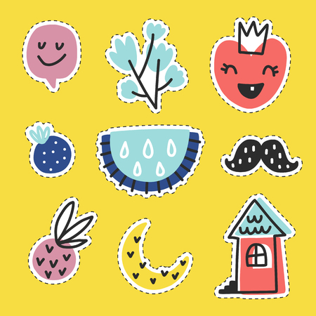 Summer doodle stickers set. Color vector items. Illustration with random elements. Design for prints and cards.のイラスト素材