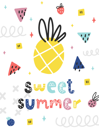 Vector doodle poster with phrase, pineapple and decor elements. Typography summer card, color image. Design for t-shirt and prints.のイラスト素材