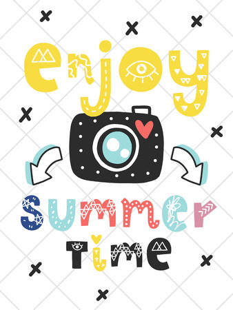 Vector doodle poster with phrase, camera and decor elements. Typography summer card, color image. Design for t-shirt and prints.のイラスト素材