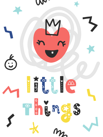 Vector doodle poster with phrase, heart and decor elements. Typography summer card, color image. Design for t-shirt and prints. Little things.のイラスト素材